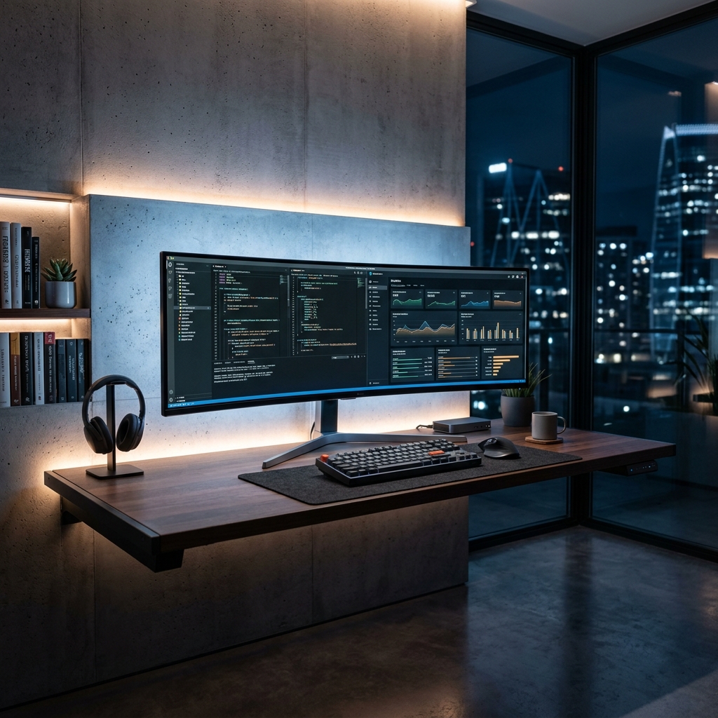 Minimalist futuristic developer workspace with a large curved monitor, high-end hardware, soft ambient lighting, clean aesthetic. No people.