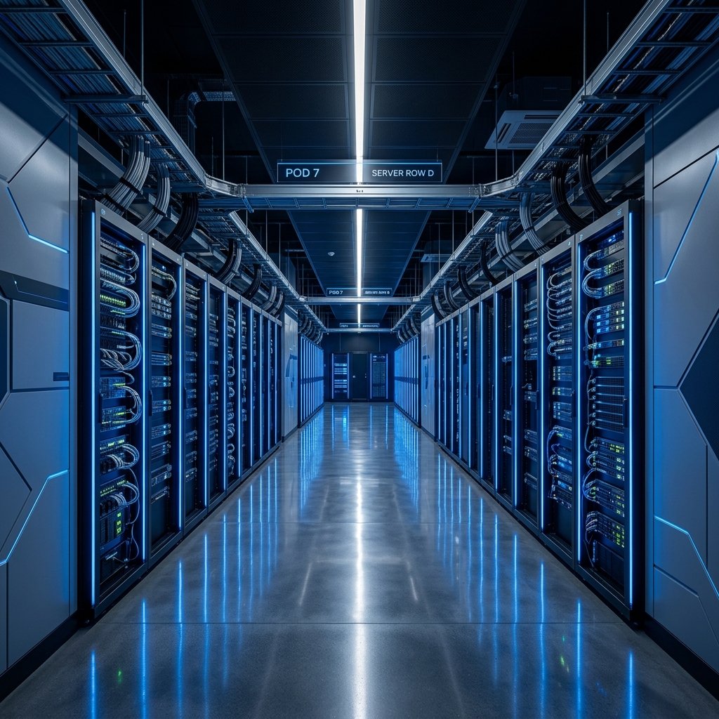 High-end data center corridor with rows of server racks, glowing blue accent lights, ultra-modern aesthetic, futuristic technology, 8k resolution, cinematic lighting. No people.